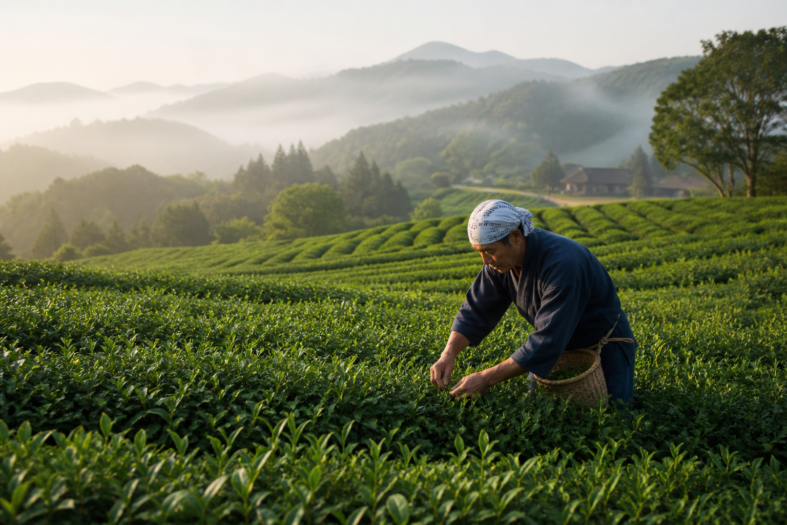 Tea farmer harvesting leaves in a Japanese tea field