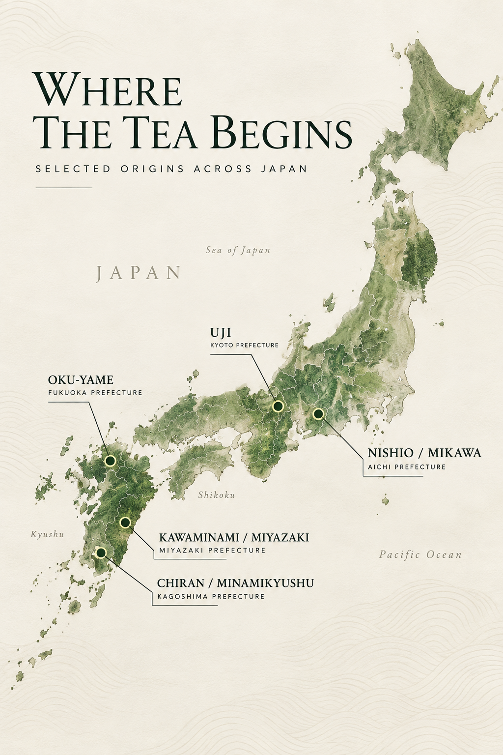 Illustrated map of Japan highlighting Uji, Nishio / Mikawa, Oku-Yame, Kawaminami / Miyazaki, and Chiran / Minamikyushu tea regions